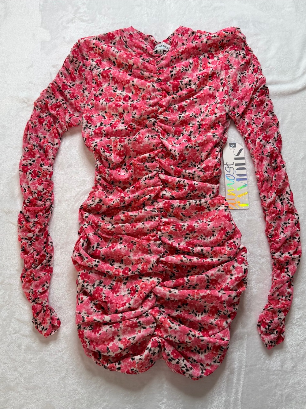 Almost Famous Pink Floral Ruched Long-Sleeve Dress